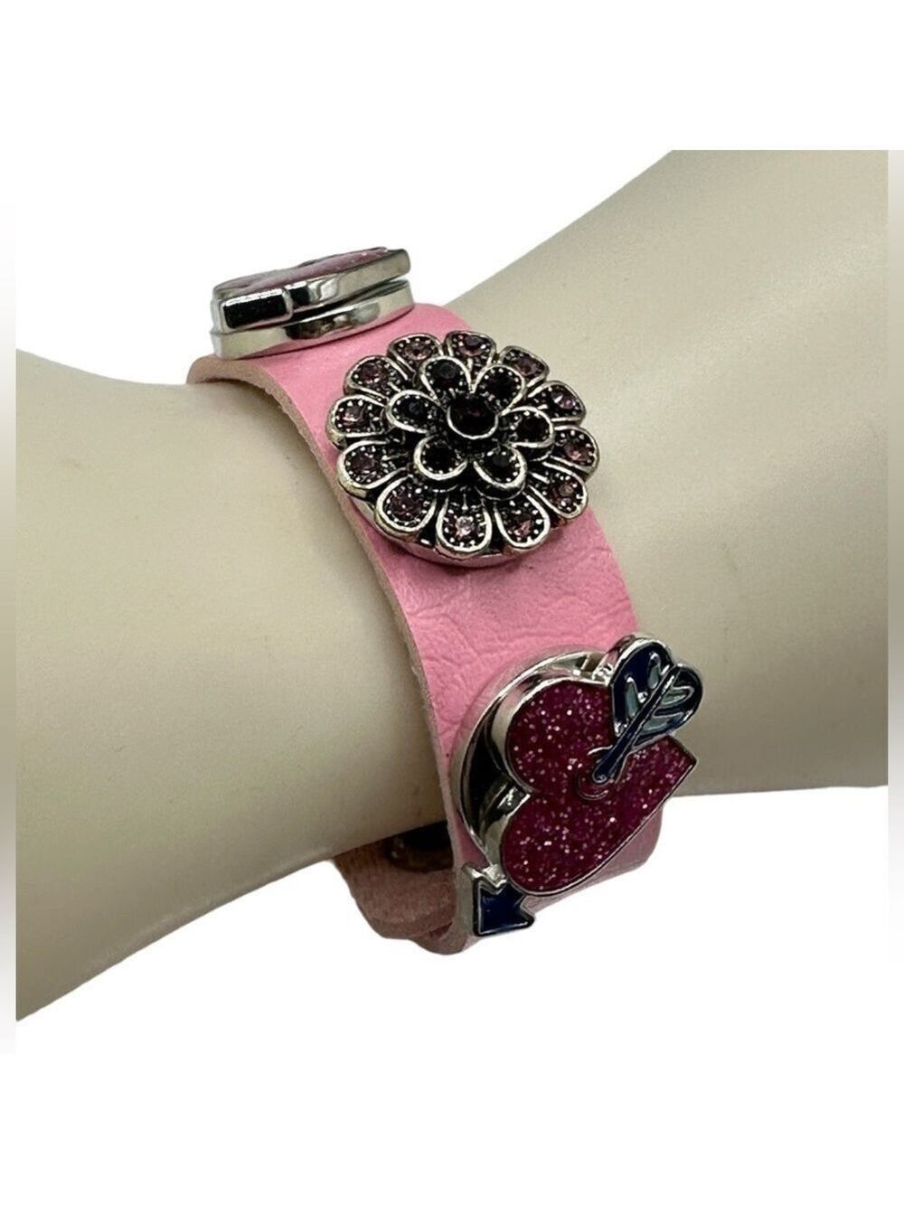 Pink Leather Snap Jewelry Bracelet w/ Flower Snap & Two Pink Valentine Hearts